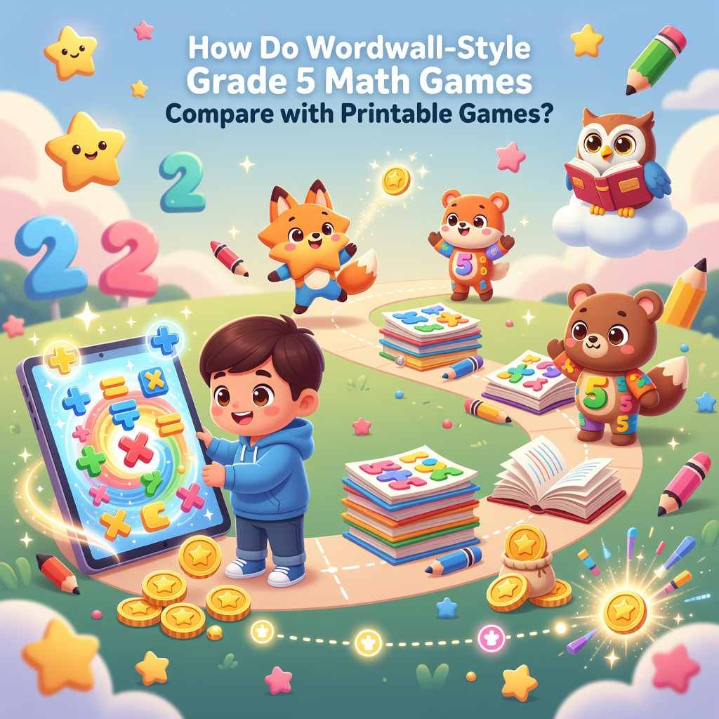 Math Games for 5th Graders comparing Wordwall style digital and printable activities